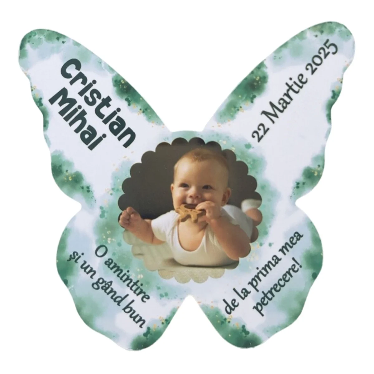 Mărturie botez personalizată, magnet frigider - Fluturaș verde - imagine 4