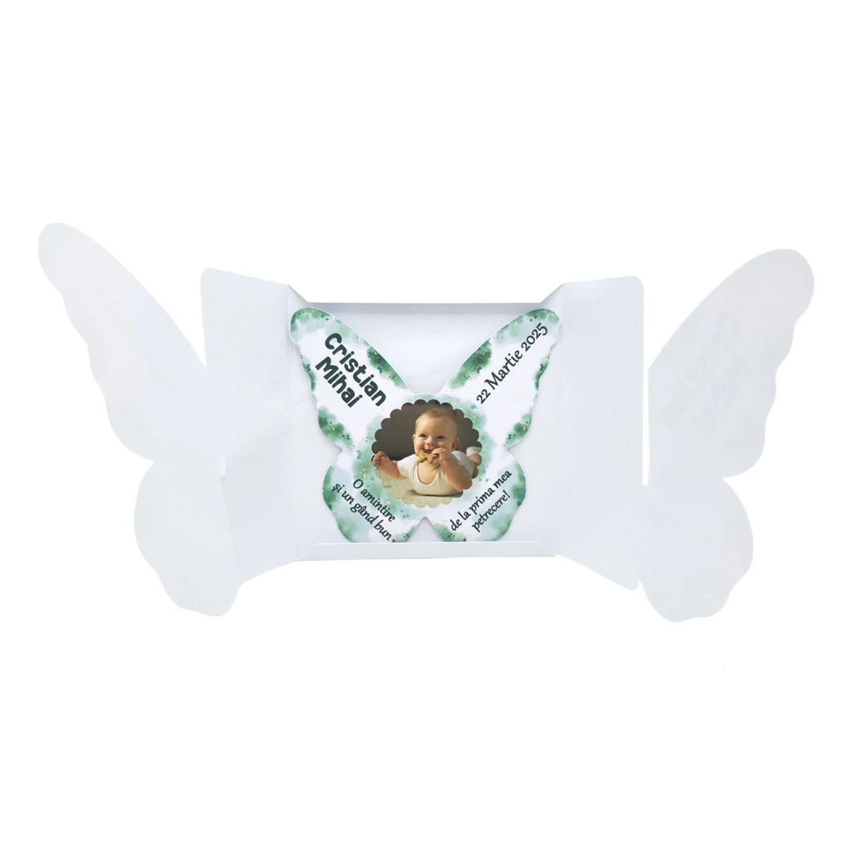 Mărturie botez personalizată, magnet frigider - Fluturaș verde - imagine 6