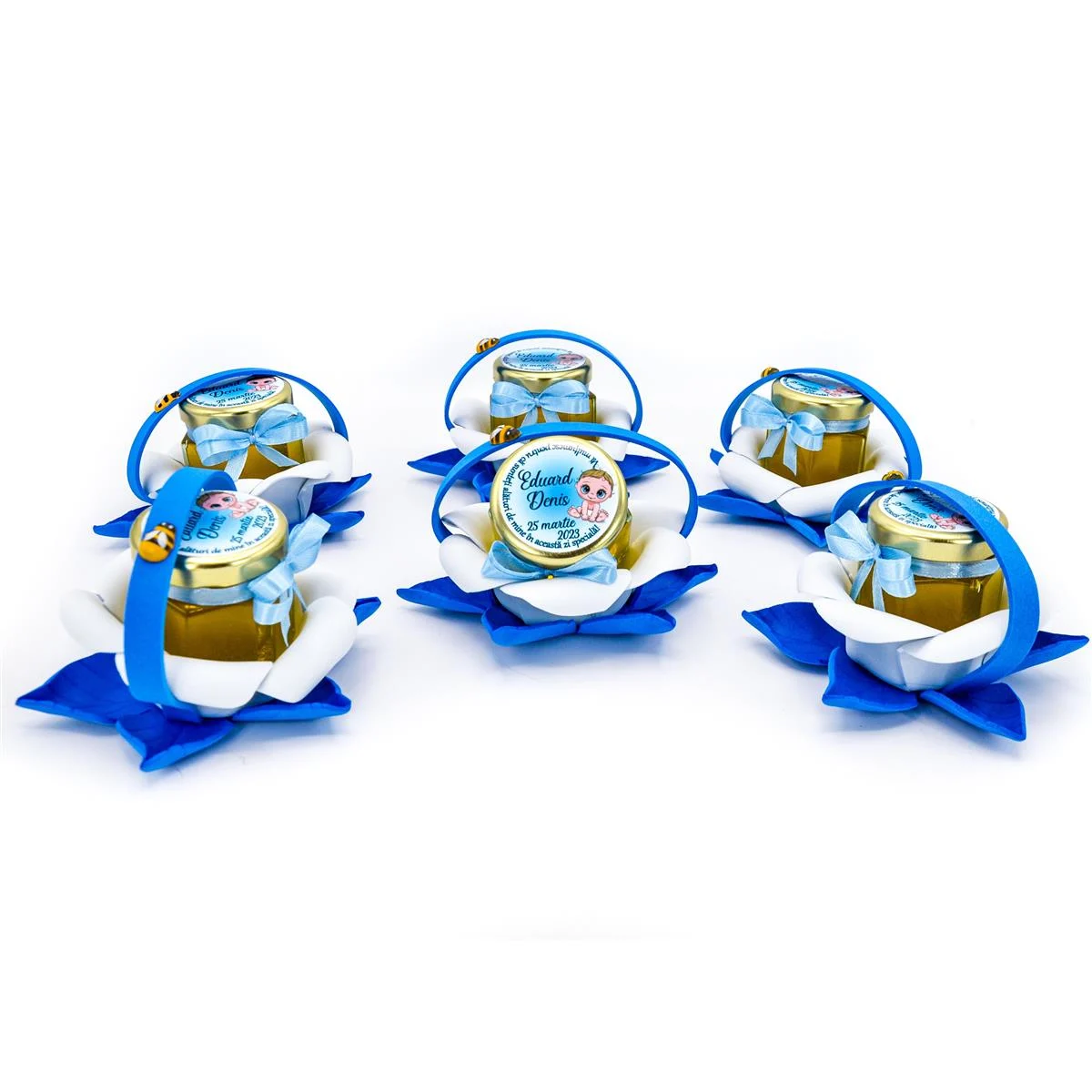 Marturii dulci cu miere, model handmade Zumzet dulce - albastru, borcan 50 gr - MIS008 - imagine 3