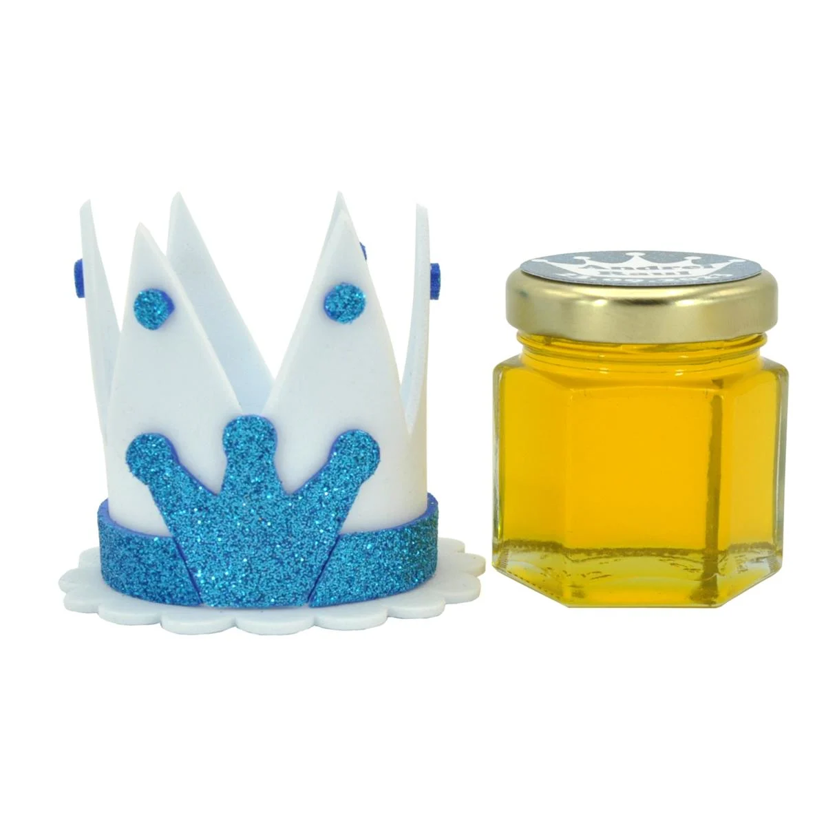 Marturii dulci cu miere, model handmade Coroana - albastru, borcan 50 gr , etichetă personalizabilă - imagine 3