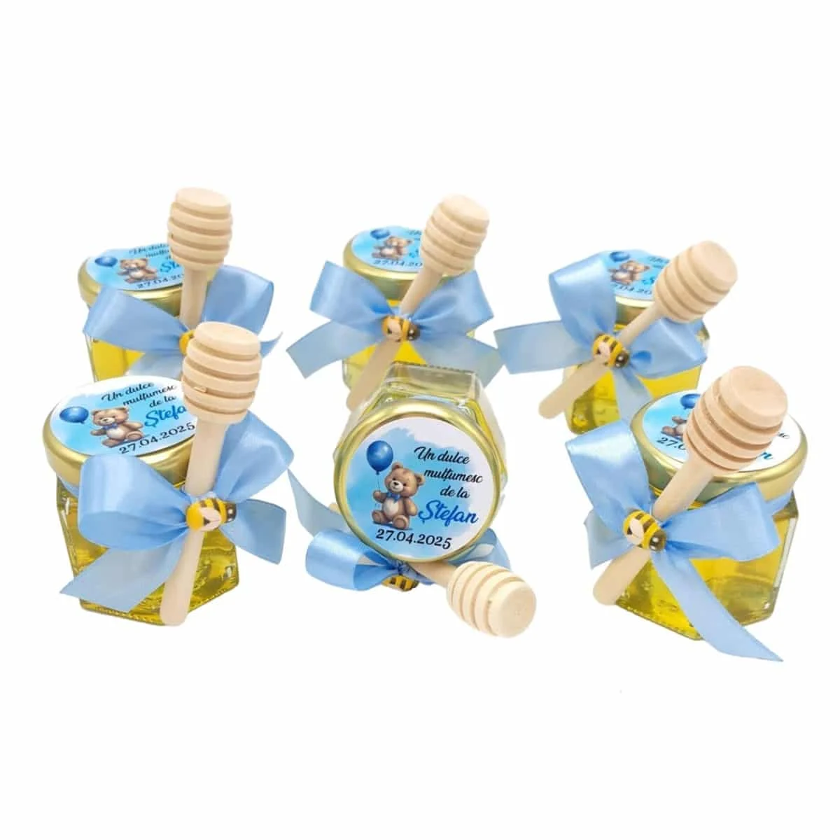Mărturii dulci cu miere, model Aventură, botez baietel, bleo, ursulet cu balon bleo, borcan 50 gr - imagine 3