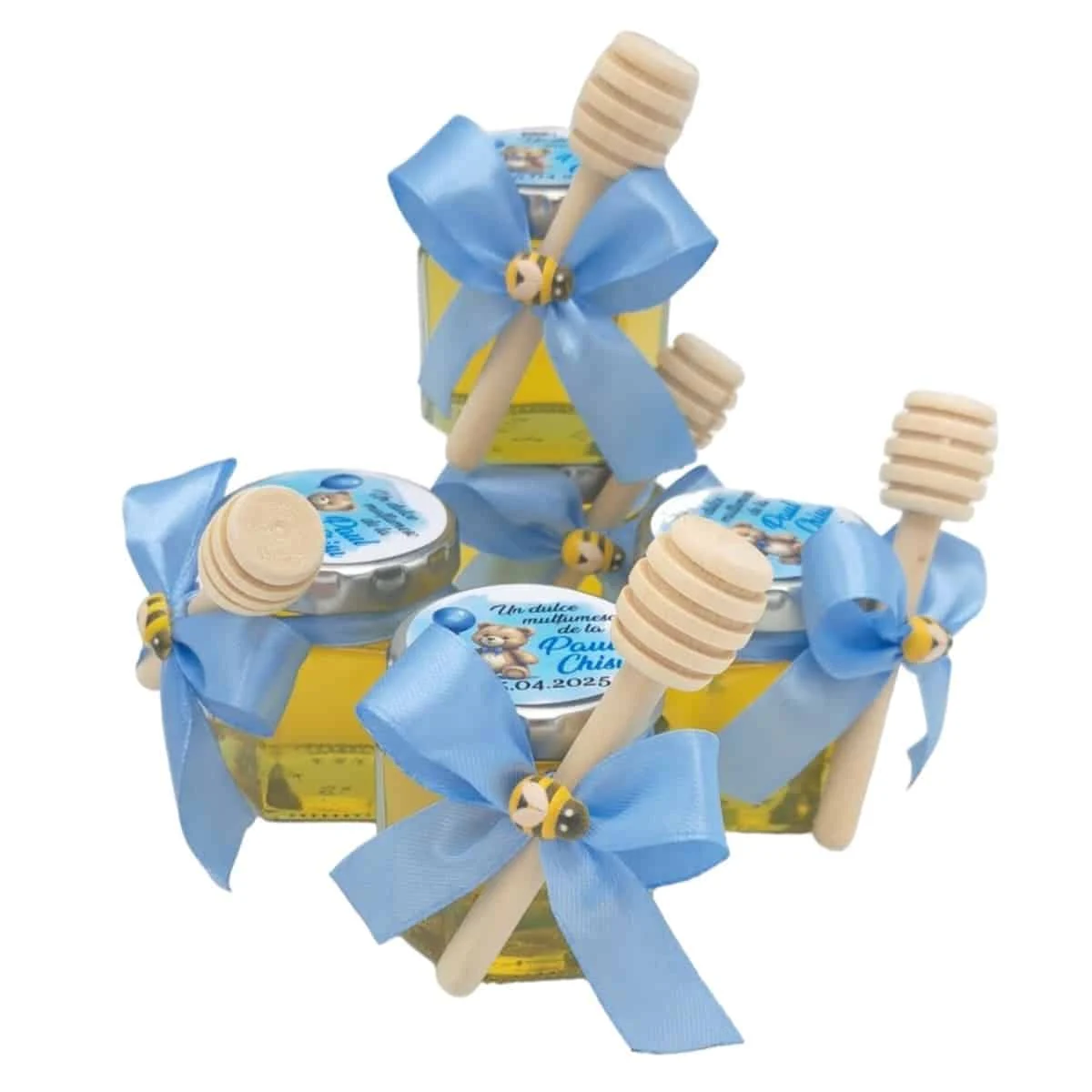 Mărturii dulci cu miere, model Aventură, botez baietel, bleo, ursulet cu balon bleo, borcan 50 gr - imagine 4