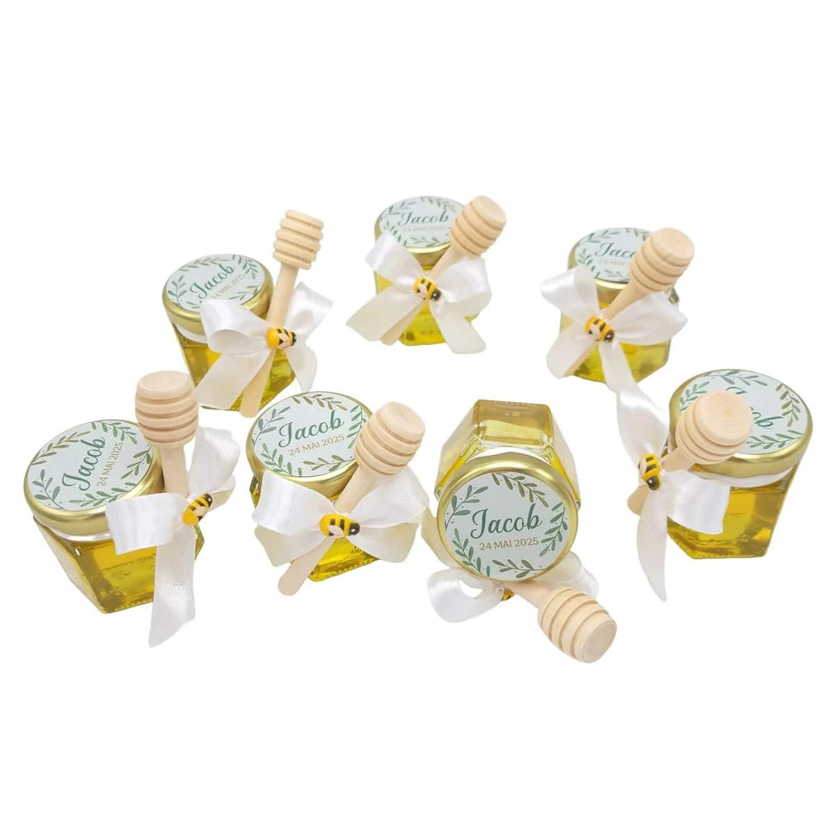Mărturii dulci cu miere, model Aventură, botez baietel, ornament alb, frunze verzi, borcan 50 gr - imagine 4