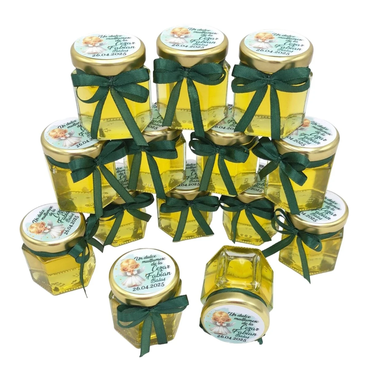Mărturie dulce cu miere, Îngeraș Botez, verde, handmade Iubire, borcan 50 gr - imagine 3