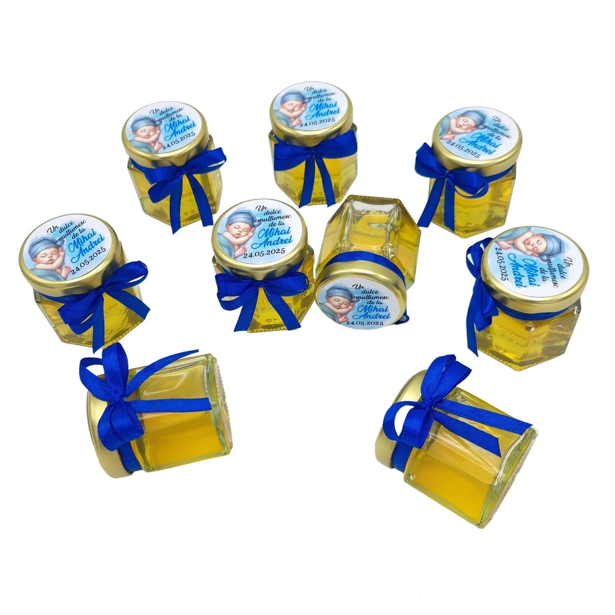 Mărturie dulce cu miere, model handmade Iubire - albastru, bebe baietel, borcan 50 gr - imagine 3