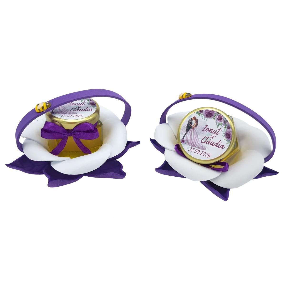 Marturii dulci cu miere, model handmade Zumzet dulce - mov lila, cuplu miri, borcan 50 gr - imagine 5