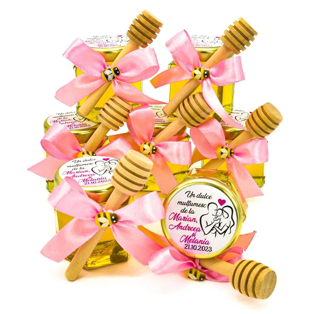 Marturii dulci cu miere, model Aventura, culoare culoare roz, nunta si botez, borcan 50 gr - imagine 3