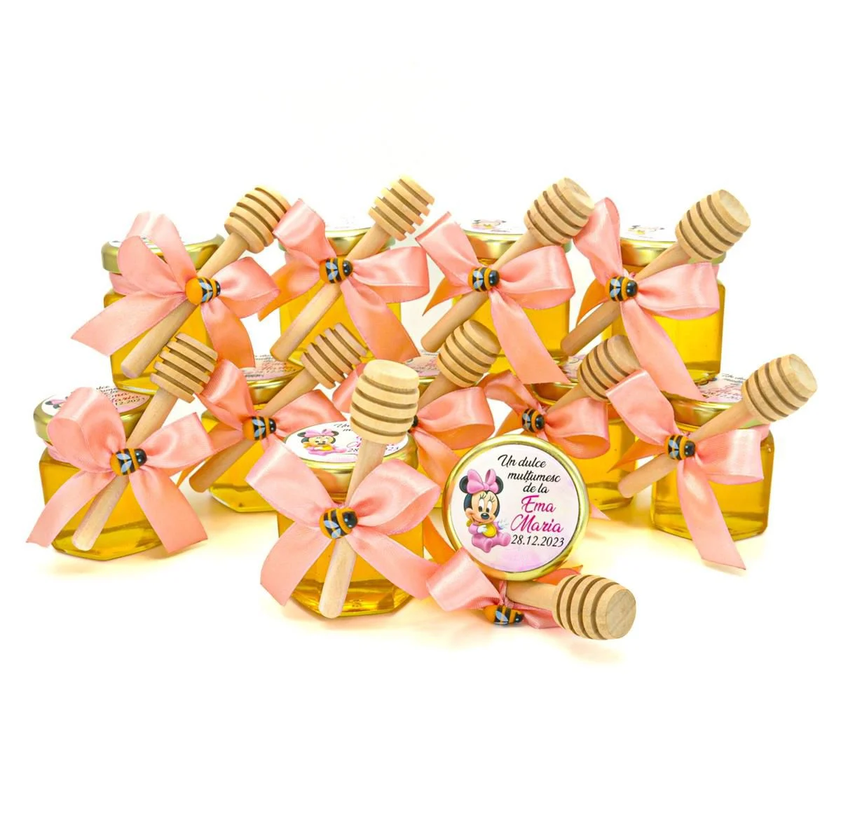 Marturii dulci cu miere, model Aventura, culoare culoare roz prafuit cu baby minnie, borcan 50 gr - imagine 3