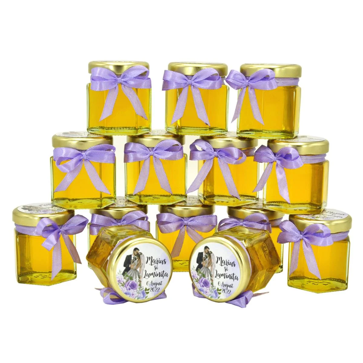 Marturii dulci cu miere, model handmade Iubire – lila, eticheta cu miri, borcan 50 gr - imagine 3