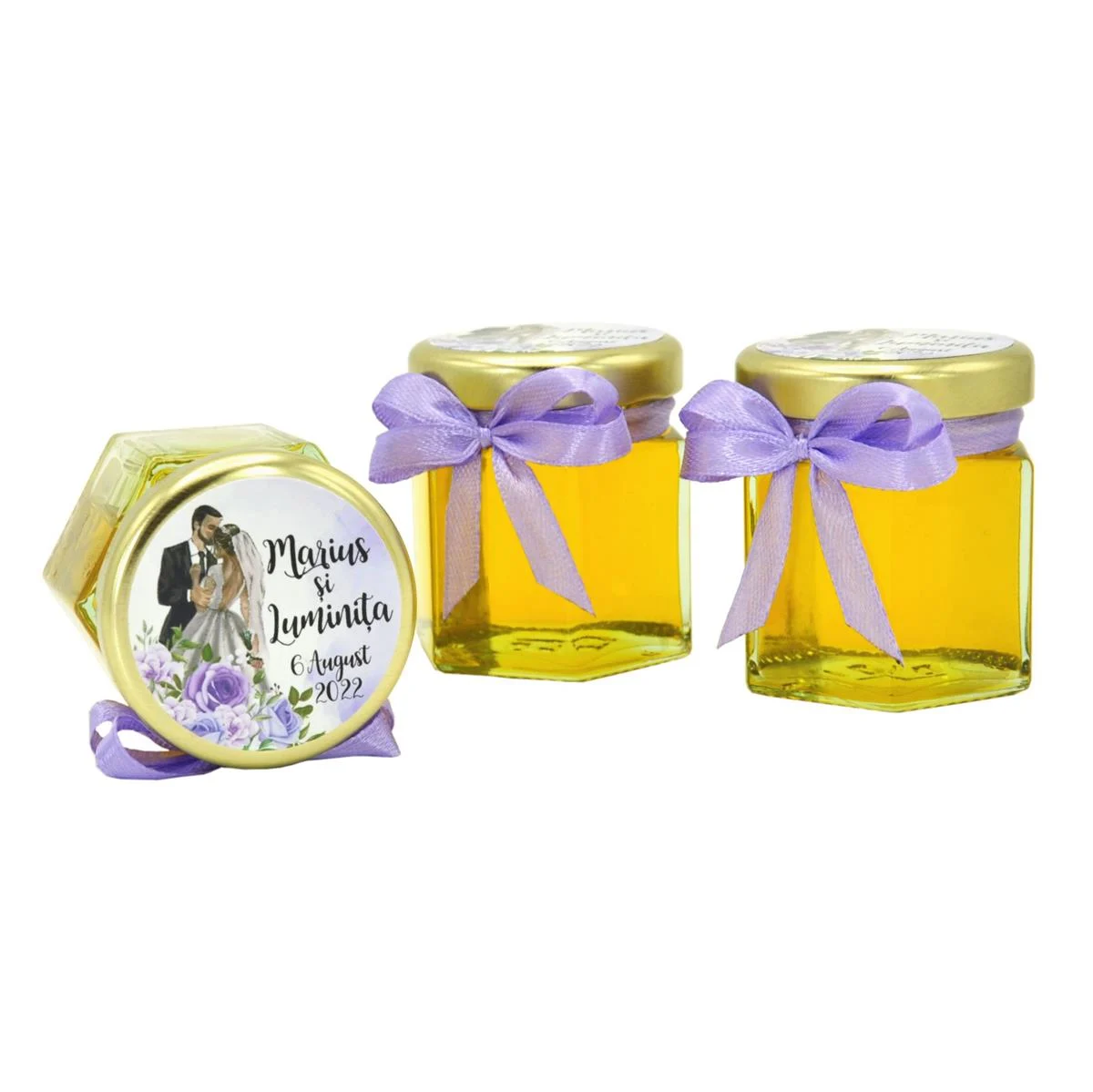Marturii dulci cu miere, model handmade Iubire – lila, eticheta cu miri, borcan 50 gr - imagine 4