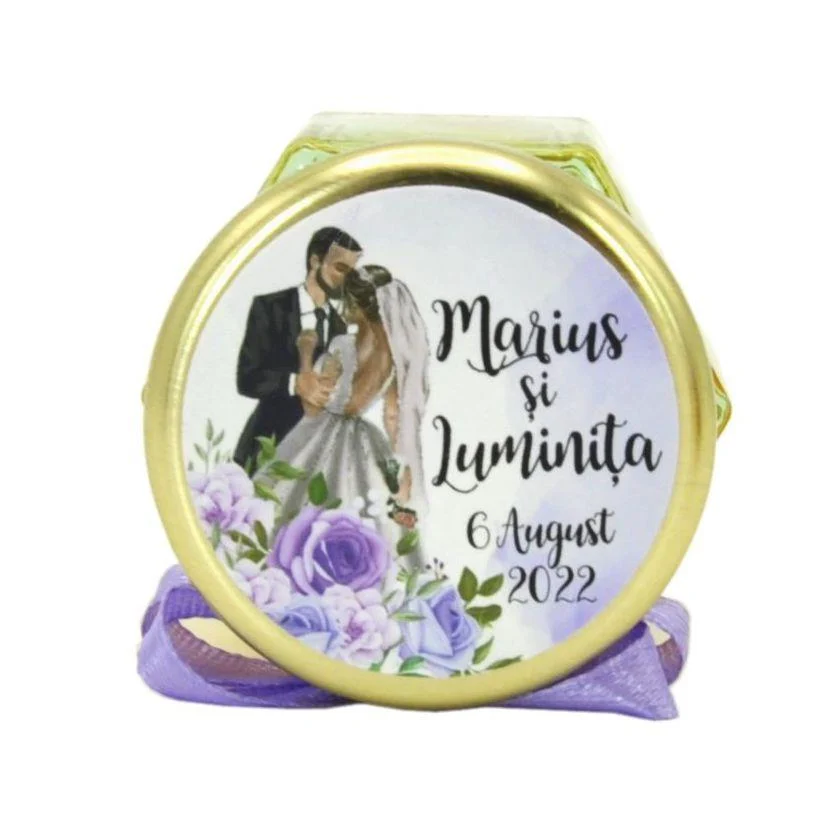 Marturii dulci cu miere, model handmade Iubire – lila, eticheta cu miri, borcan 50 gr - imagine 5