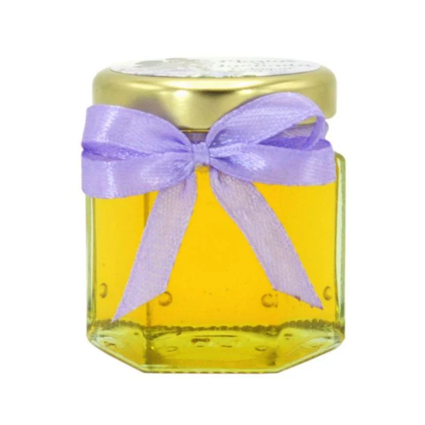 Marturii dulci cu miere, model handmade Iubire – lila, eticheta cu miri, borcan 50 gr - imagine 6