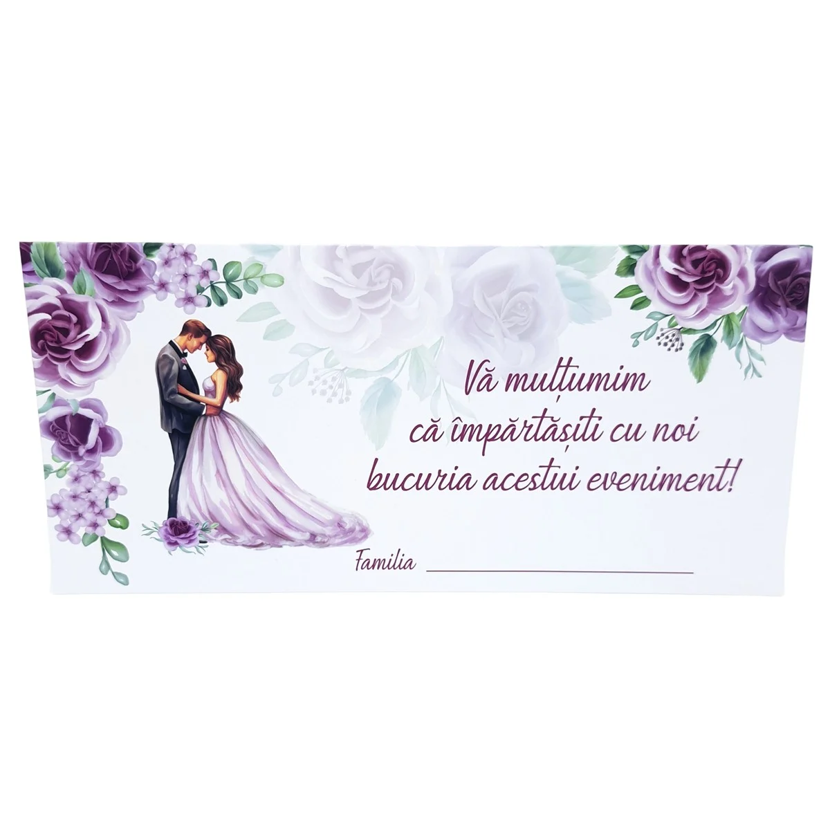 Plic de dar nunta, cu trandafiri in nuante de mov si lila, cuplu miri, nepersonalizat - imagine 3