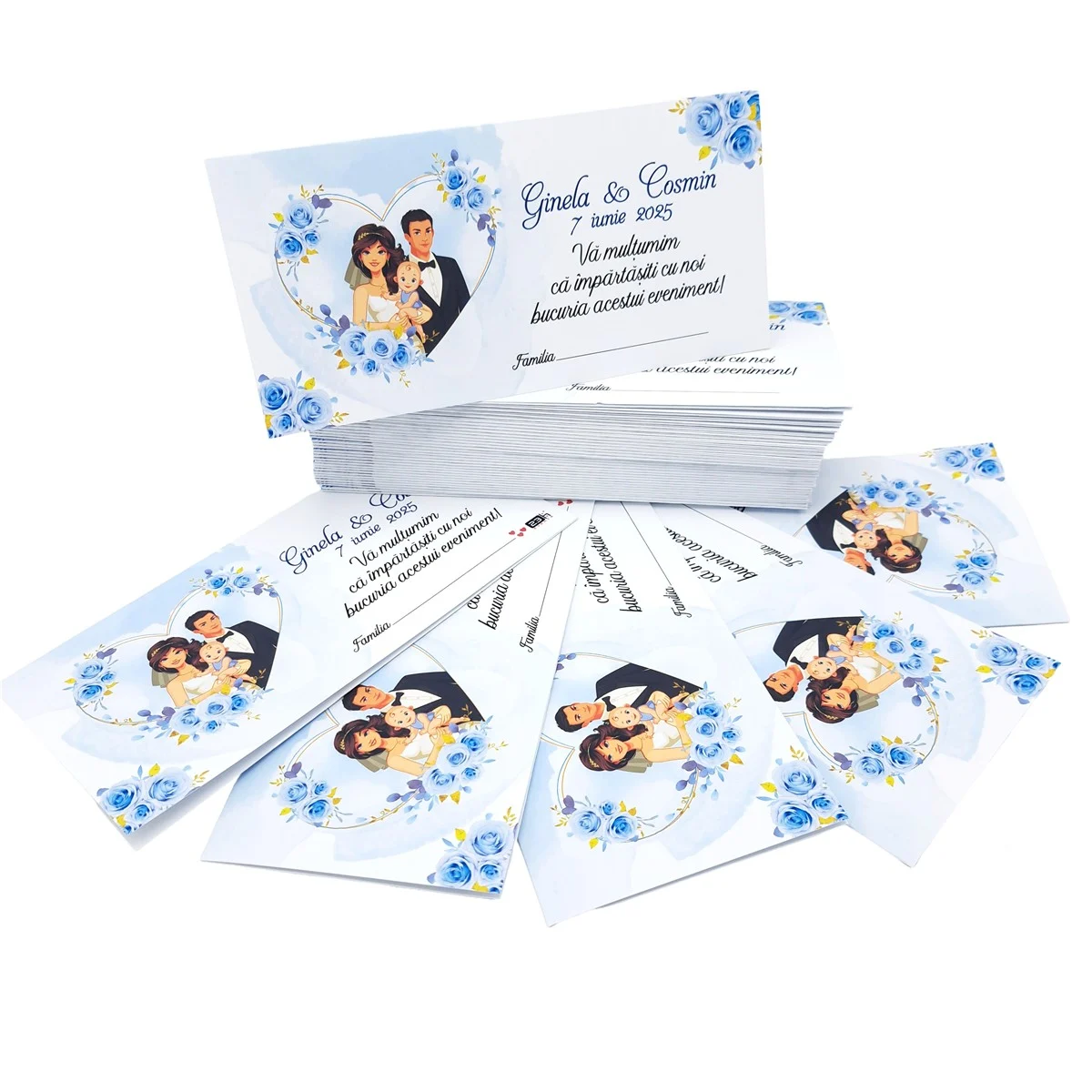 Plic de dar nunta si botez, cu trandafiri in nuante de bleo, cuplu miri si bebe, personalizat cu nume - imagine 3