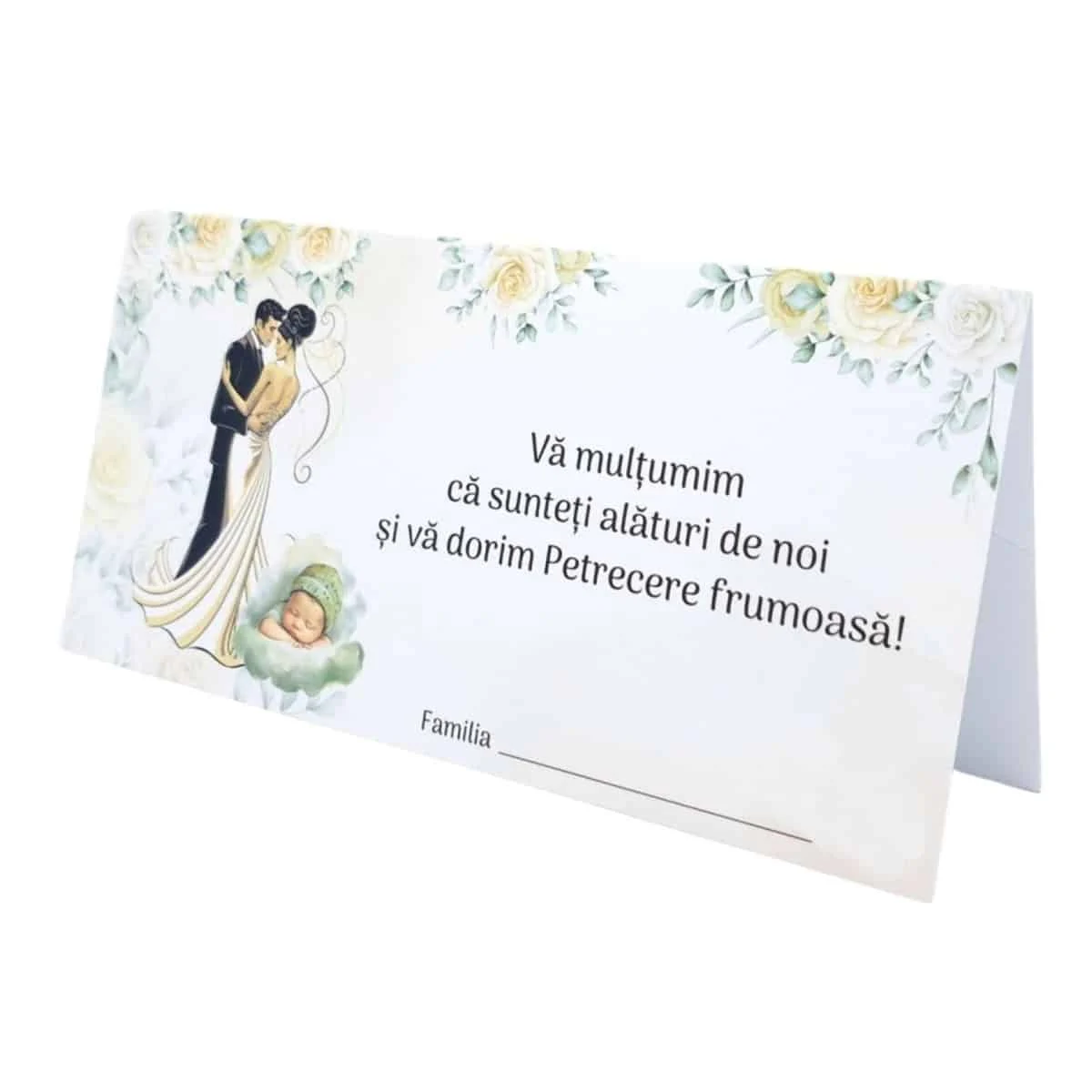 Plic de dar nunta si botez, in nuante de crem si elemente verzi, cuplu miri cu bebe, nepersonalizat - imagine 3