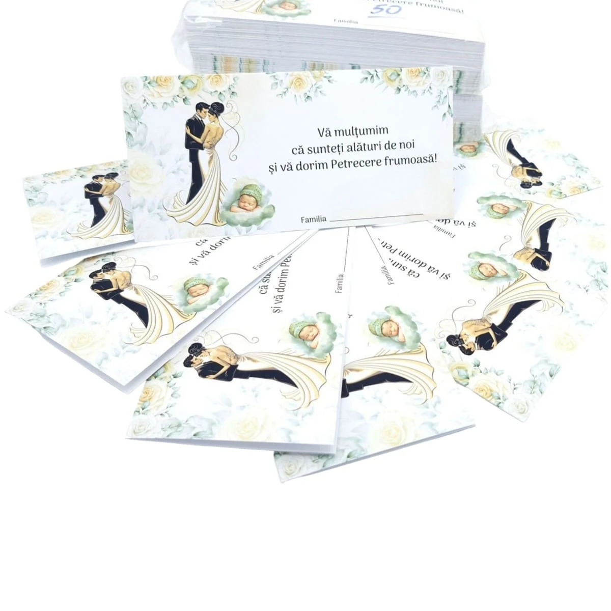 Plic de dar nunta si botez, in nuante de crem si elemente verzi, cuplu miri cu bebe, nepersonalizat - imagine 4